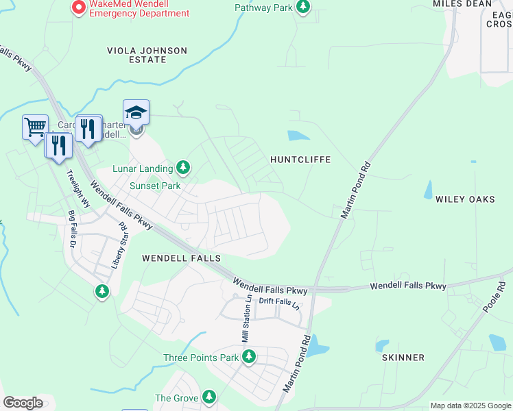 map of restaurants, bars, coffee shops, grocery stores, and more near 1501 Silver Elm Lane in Wendell