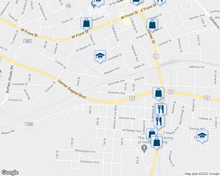 map of restaurants, bars, coffee shops, grocery stores, and more near 829 7th Street in Statesville