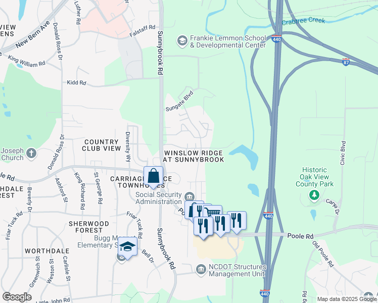 map of restaurants, bars, coffee shops, grocery stores, and more near 509 Erie Road in Raleigh