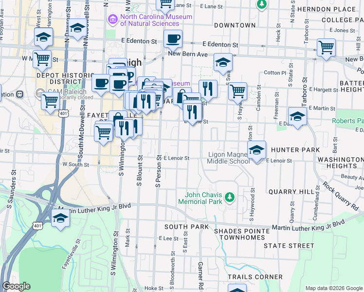 map of restaurants, bars, coffee shops, grocery stores, and more near 510 South East Street in Raleigh