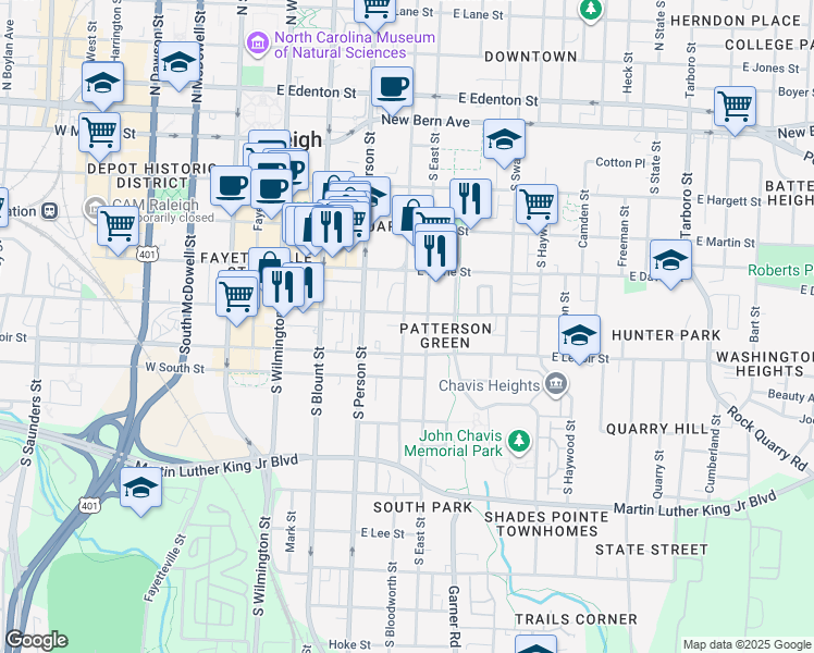 map of restaurants, bars, coffee shops, grocery stores, and more near 510 South East Street in Raleigh