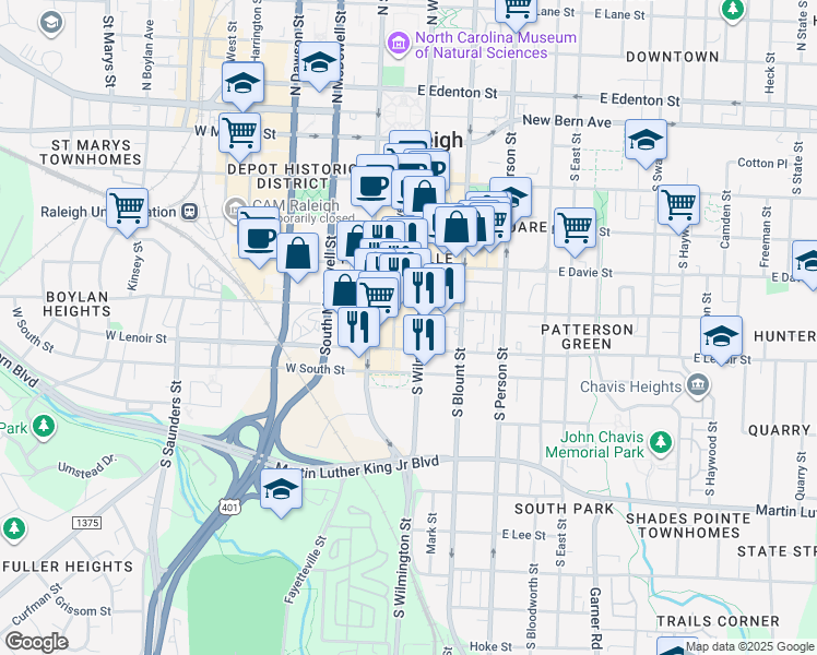 map of restaurants, bars, coffee shops, grocery stores, and more near 511 Fayetteville Street in Raleigh