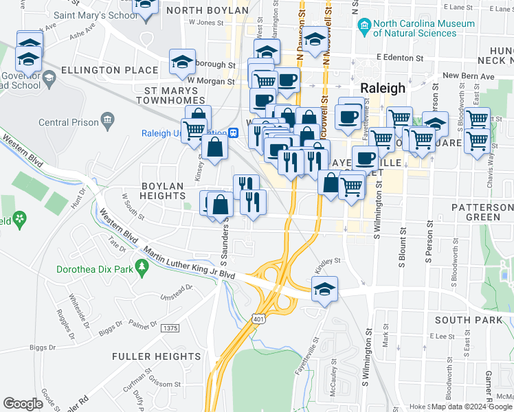map of restaurants, bars, coffee shops, grocery stores, and more near in Raleigh