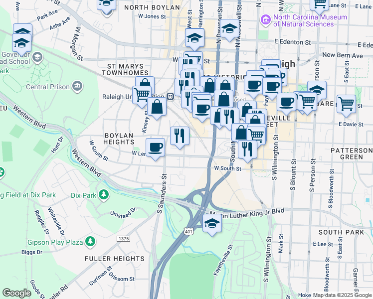 map of restaurants, bars, coffee shops, grocery stores, and more near in Raleigh