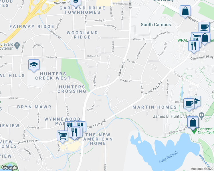 map of restaurants, bars, coffee shops, grocery stores, and more near 1501 Graduate Lane in Raleigh