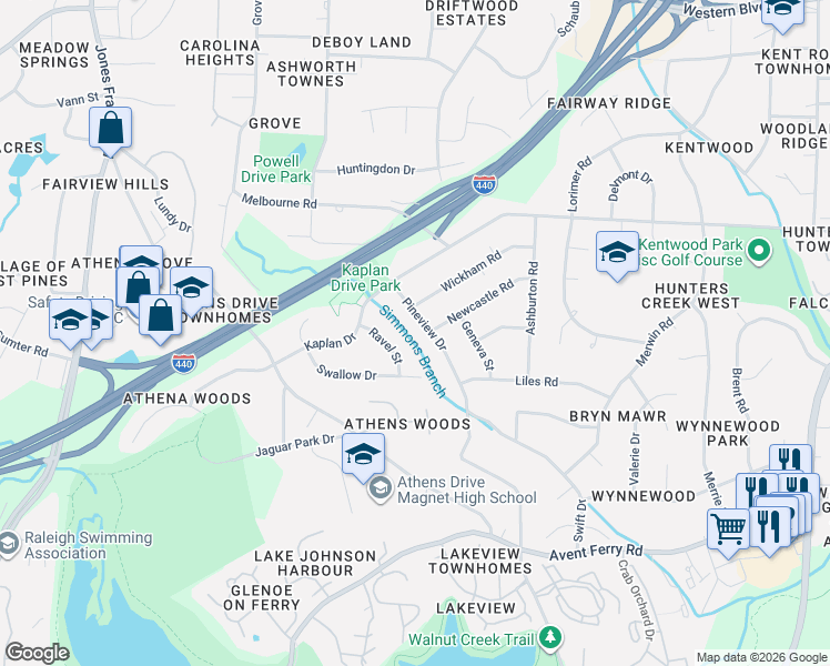 map of restaurants, bars, coffee shops, grocery stores, and more near 1224 Pineview Drive in Raleigh