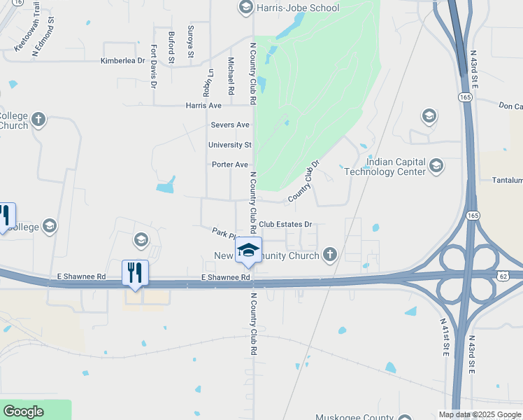 map of restaurants, bars, coffee shops, grocery stores, and more near 2240 North Country Club Road in Muskogee