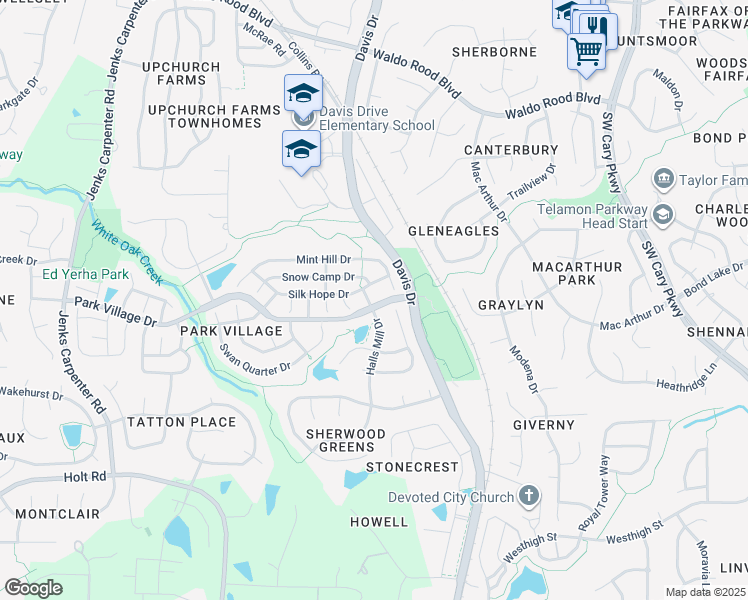 map of restaurants, bars, coffee shops, grocery stores, and more near 105 Halls Mill Drive in Cary