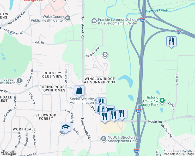 map of restaurants, bars, coffee shops, grocery stores, and more near 509 Erie Road in Raleigh
