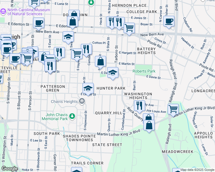 map of restaurants, bars, coffee shops, grocery stores, and more near 827 Postell Street in Raleigh