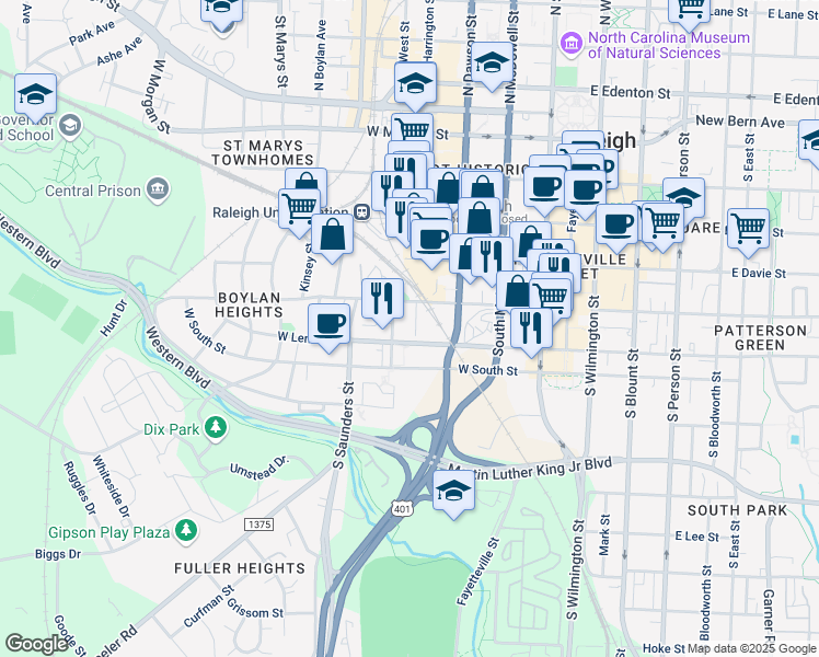 map of restaurants, bars, coffee shops, grocery stores, and more near 523 South West Street in Raleigh