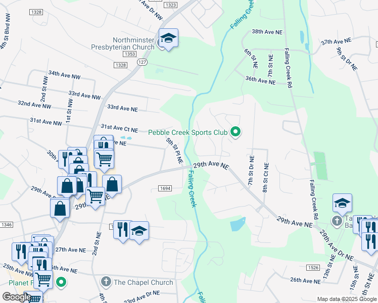 map of restaurants, bars, coffee shops, grocery stores, and more near 558 30th Avenue Circle Northeast in Hickory