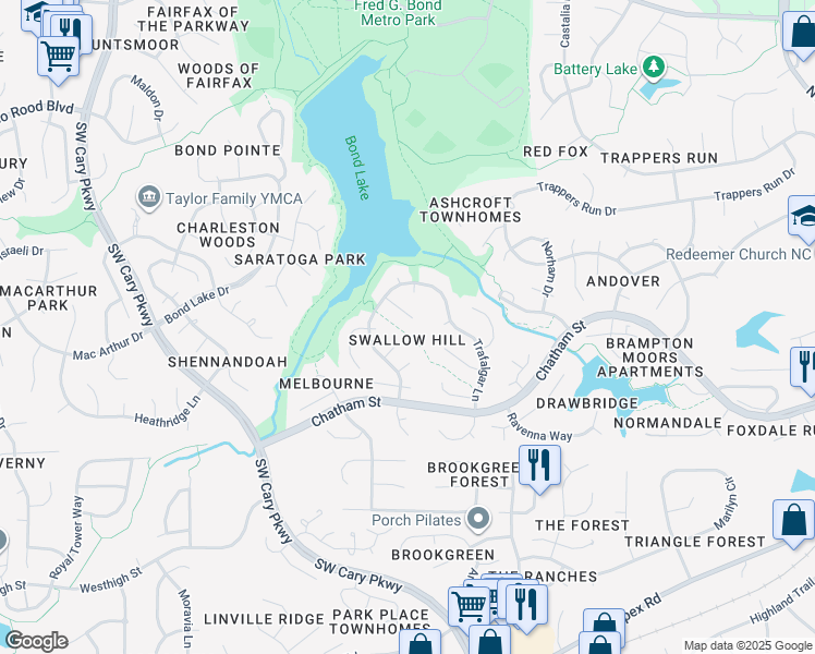 map of restaurants, bars, coffee shops, grocery stores, and more near 110 Swallow Hill Court in Cary