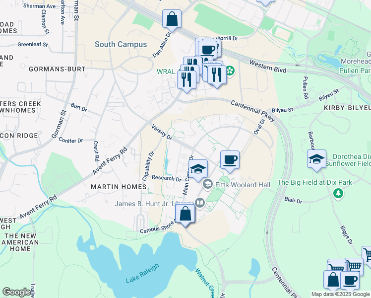 map of restaurants, bars, coffee shops, grocery stores, and more near 900 Main Campus Drive in Raleigh