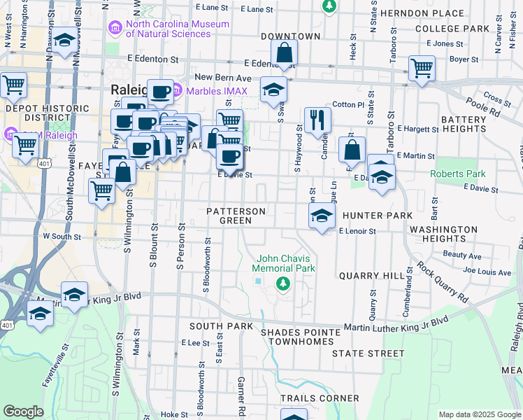 map of restaurants, bars, coffee shops, grocery stores, and more near 558 East Cabarrus Street in Raleigh