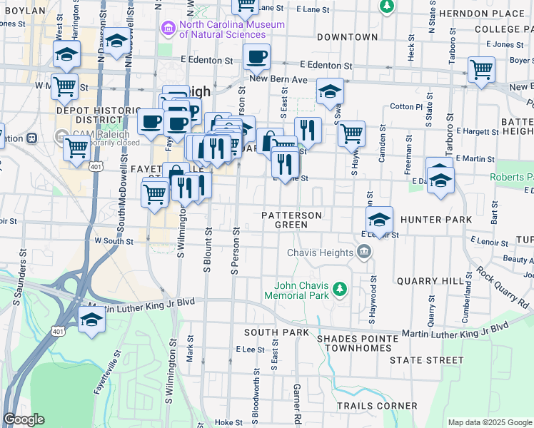 map of restaurants, bars, coffee shops, grocery stores, and more near 511 South Bloodworth Street in Raleigh