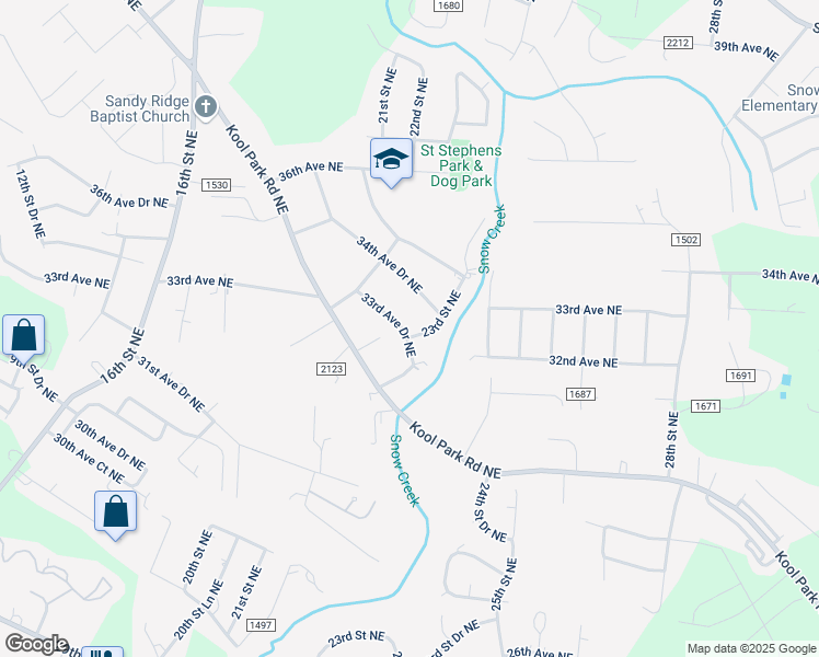 map of restaurants, bars, coffee shops, grocery stores, and more near 2231 33rd Avenue Drive Northeast in Hickory