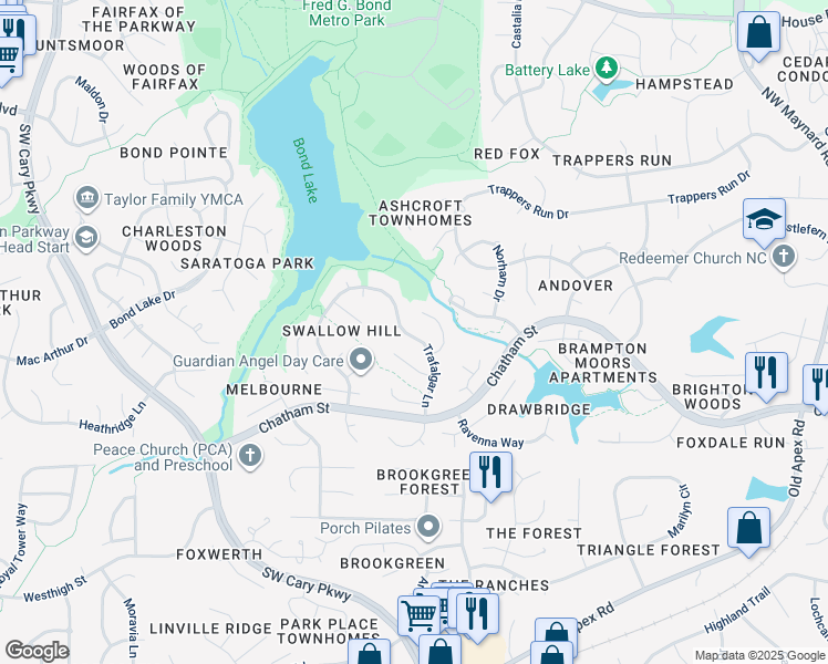 map of restaurants, bars, coffee shops, grocery stores, and more near 146 Trafalgar Lane in Cary