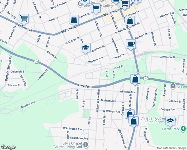 map of restaurants, bars, coffee shops, grocery stores, and more near 825 7th Street in Statesville