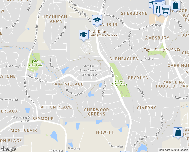 map of restaurants, bars, coffee shops, grocery stores, and more near 100 Penland Court in Cary