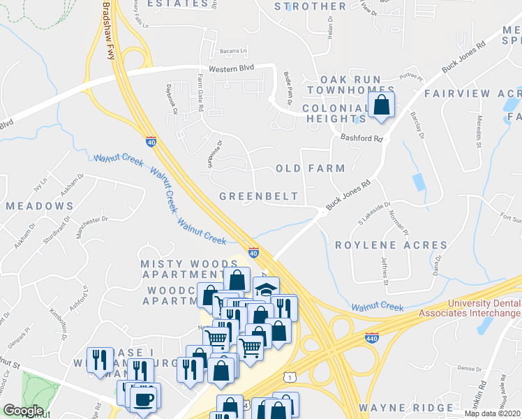 map of restaurants, bars, coffee shops, grocery stores, and more near 5939 Farm Gate Road in Raleigh