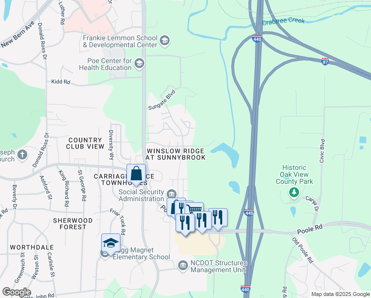 map of restaurants, bars, coffee shops, grocery stores, and more near 3403 Sosa Road in Raleigh