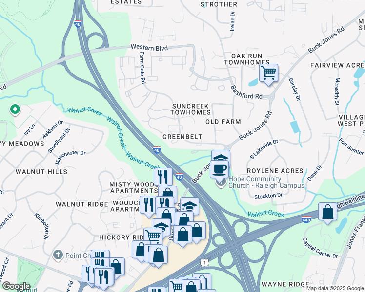 map of restaurants, bars, coffee shops, grocery stores, and more near 5943 Farm Gate Road in Raleigh