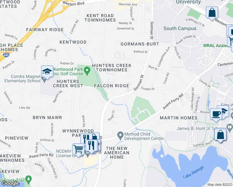 map of restaurants, bars, coffee shops, grocery stores, and more near 4102 Kaplan Drive in Raleigh