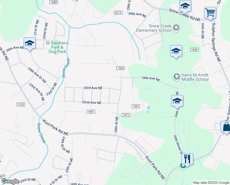 map of restaurants, bars, coffee shops, grocery stores, and more near 2760 33rd Avenue Northeast in Hickory