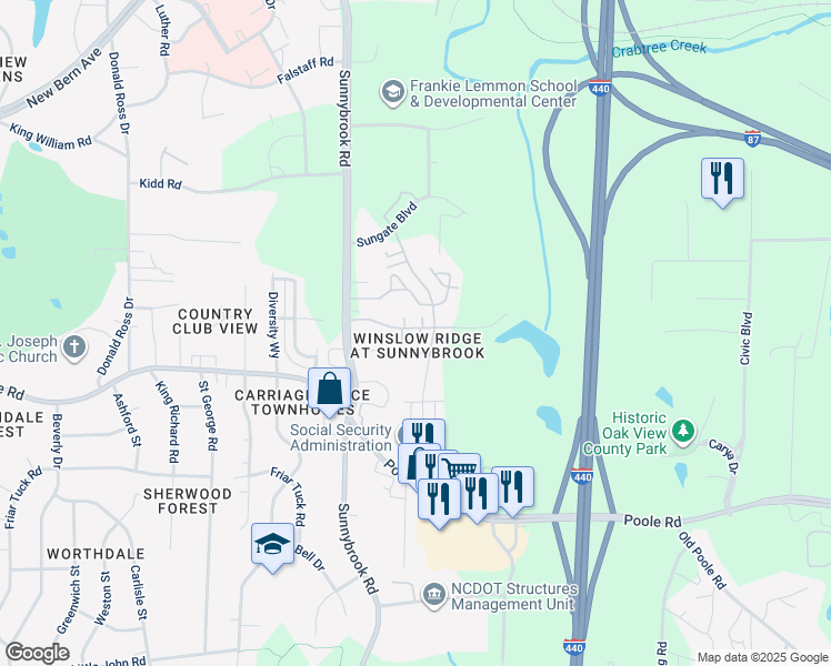 map of restaurants, bars, coffee shops, grocery stores, and more near 502 Erie Road in Raleigh