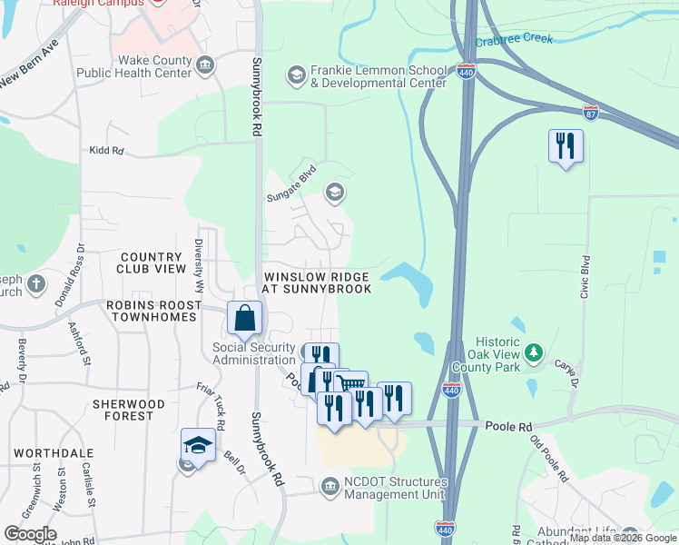 map of restaurants, bars, coffee shops, grocery stores, and more near 3409 Sosa Road in Raleigh