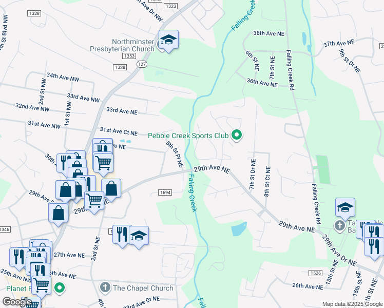 map of restaurants, bars, coffee shops, grocery stores, and more near 558 30th Avenue Circle Northeast in Hickory