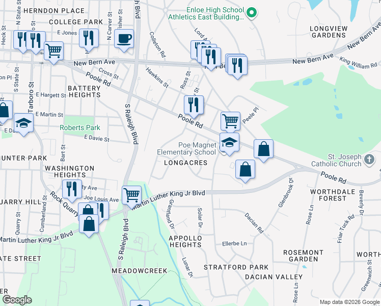 map of restaurants, bars, coffee shops, grocery stores, and more near in Raleigh