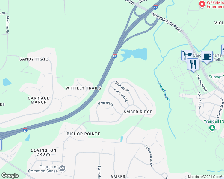 map of restaurants, bars, coffee shops, grocery stores, and more near 3065 Van Dorn Road in Knightdale