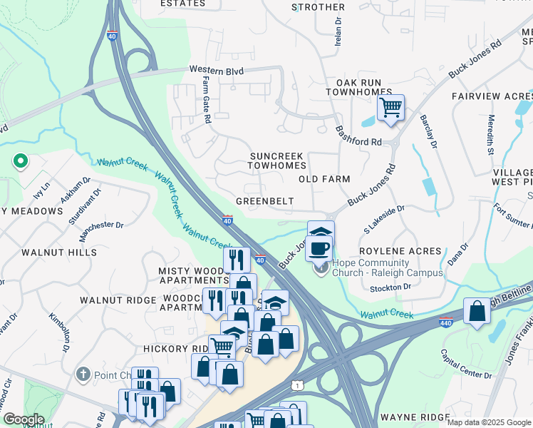map of restaurants, bars, coffee shops, grocery stores, and more near 5941 Farm Gate Road in Raleigh