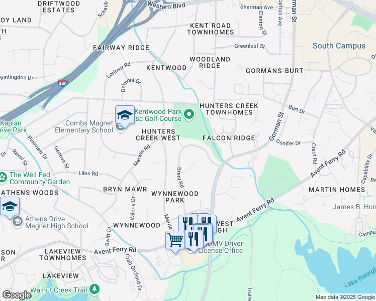 map of restaurants, bars, coffee shops, grocery stores, and more near 547 Brent Road in Raleigh