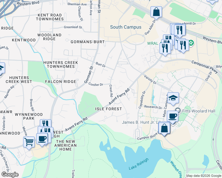 map of restaurants, bars, coffee shops, grocery stores, and more near 1707 Crest Road in Raleigh