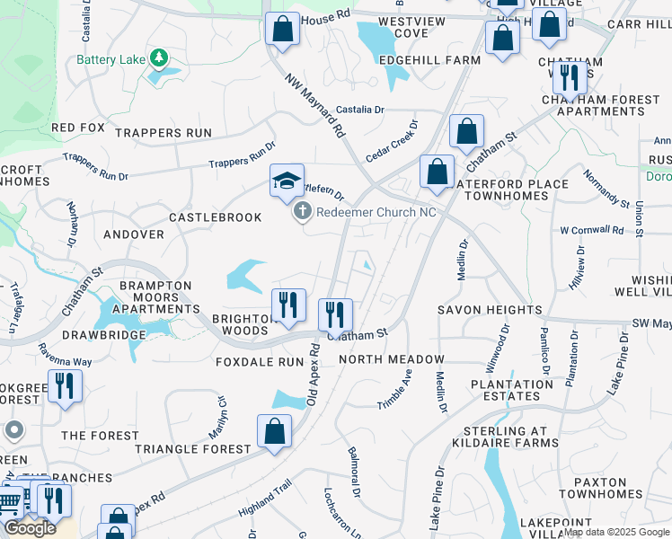 map of restaurants, bars, coffee shops, grocery stores, and more near 1337 Old Apex Road in Cary