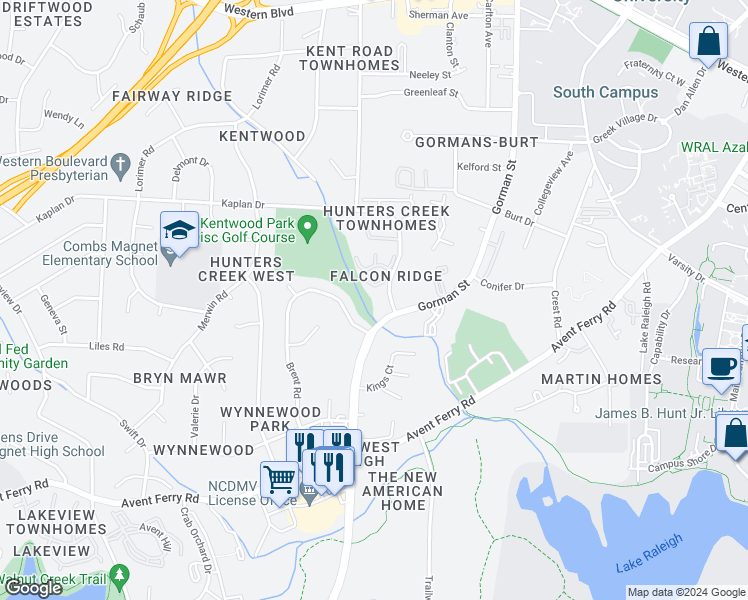 map of restaurants, bars, coffee shops, grocery stores, and more near 4131 Kaplan Drive in Raleigh