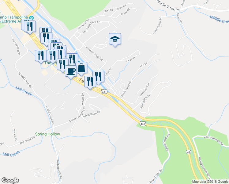 map of restaurants, bars, coffee shops, grocery stores, and more near Huskey Street in Pigeon Forge