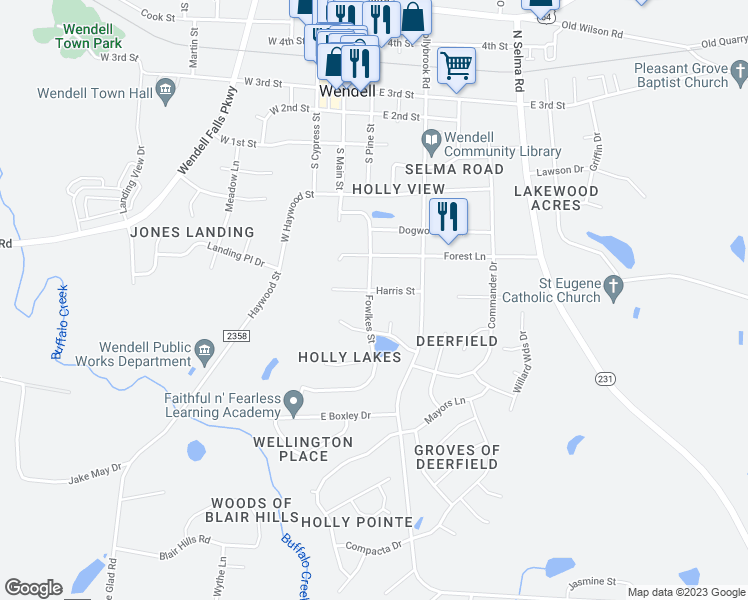 map of restaurants, bars, coffee shops, grocery stores, and more near 102 Harris Street in Wendell