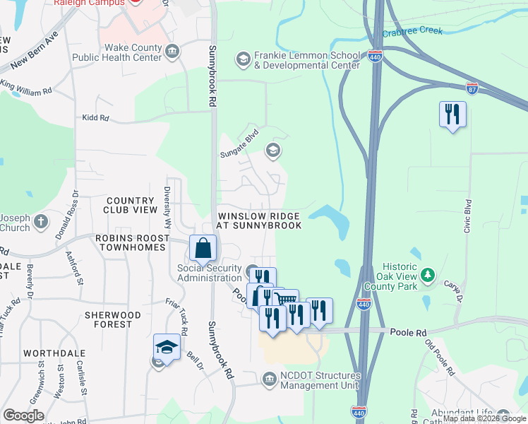map of restaurants, bars, coffee shops, grocery stores, and more near 509 Erie Road in Raleigh