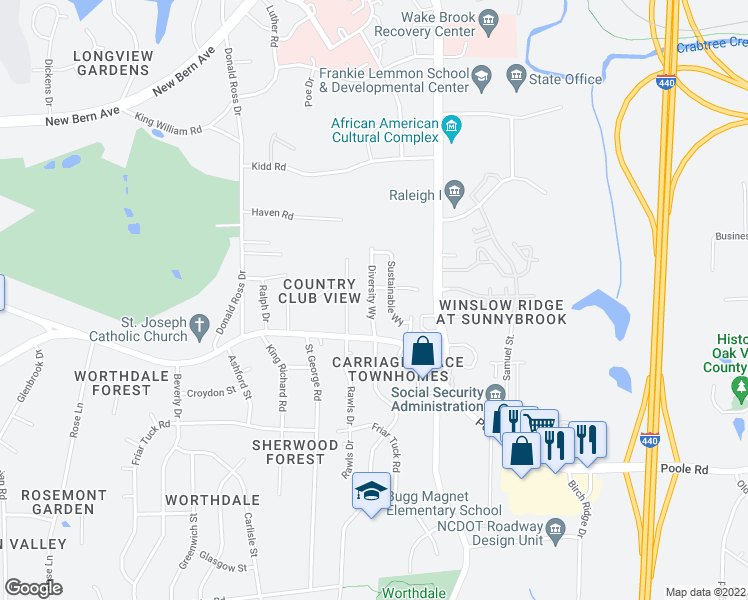 map of restaurants, bars, coffee shops, grocery stores, and more near 635 Rawls Drive in Raleigh