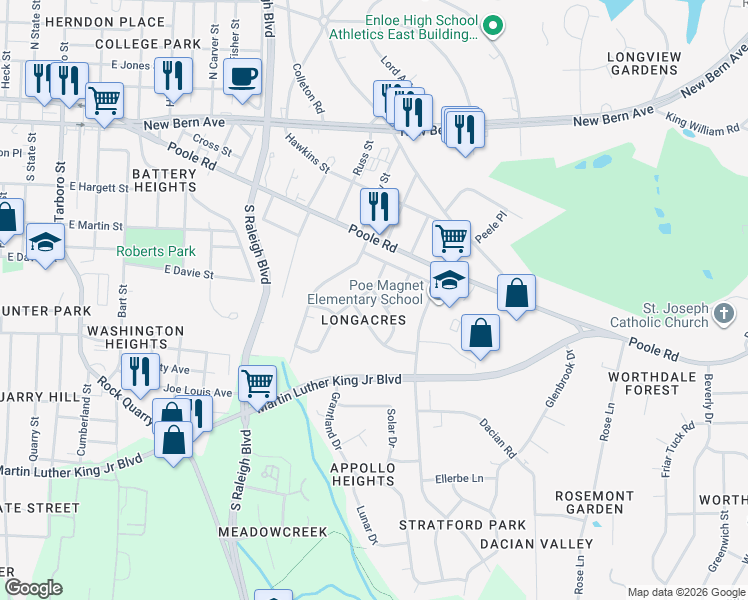 map of restaurants, bars, coffee shops, grocery stores, and more near in Raleigh