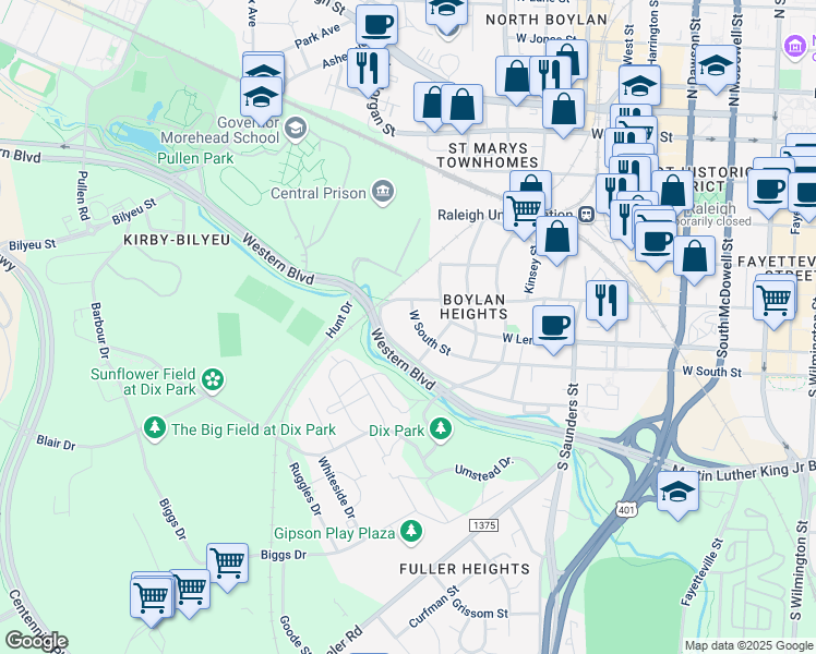 map of restaurants, bars, coffee shops, grocery stores, and more near 1007 West South Street in Raleigh