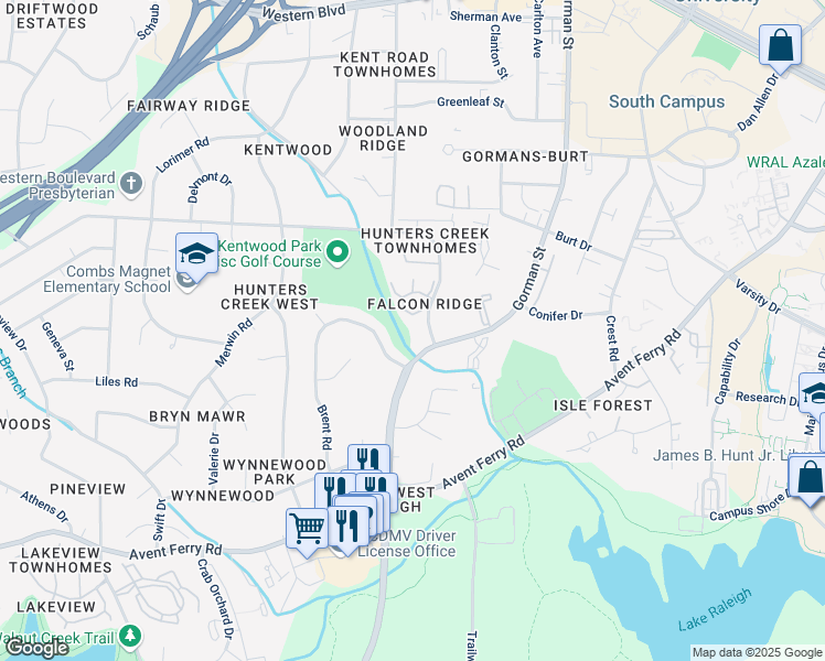 map of restaurants, bars, coffee shops, grocery stores, and more near 4107 Kaplan Drive in Raleigh