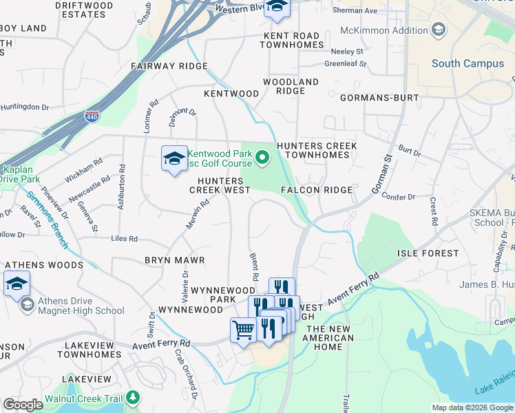 map of restaurants, bars, coffee shops, grocery stores, and more near 547 Brent Road in Raleigh