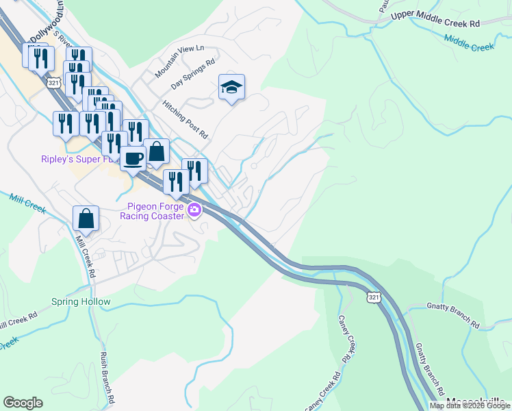 map of restaurants, bars, coffee shops, grocery stores, and more near 202 Spring Valley Road in Sevierville