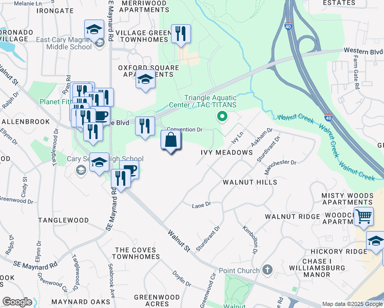 map of restaurants, bars, coffee shops, grocery stores, and more near 1105 Walnut Street in Cary
