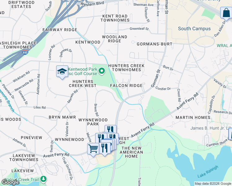 map of restaurants, bars, coffee shops, grocery stores, and more near 514 Brent Road in Raleigh